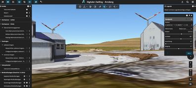Beispielhafter Auszug der Visualierung von geplanten Windkraftanalagen im 3D Stadtmodell.