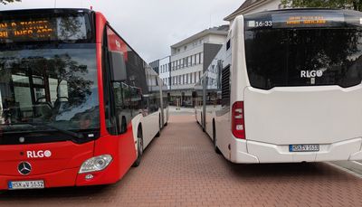 Zwei Busse stehen an Haltestelle auf rotem Asphalt