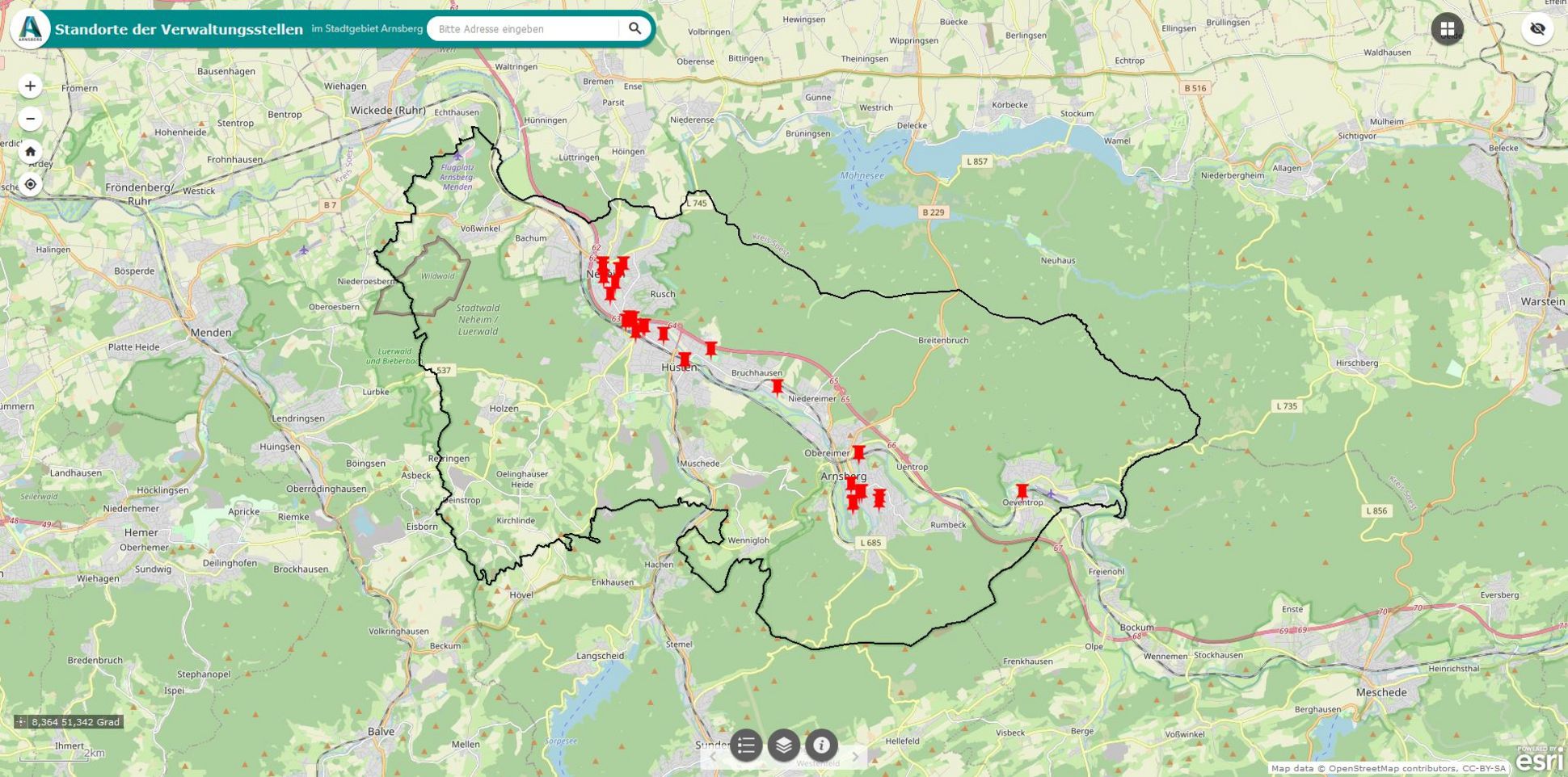 Standorte der temporären Zwischenunterkünfte der städtischen Dienststellen während der Rathaussanierung | © Open Data Commons Open Database License (ODbL) & Stadt Arnsberg