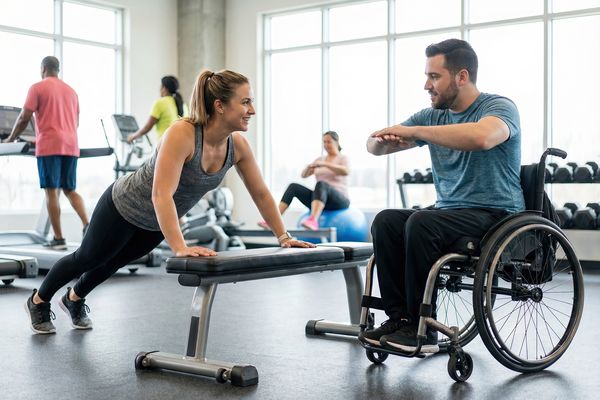 Auf dem Bild absolviert eine Frau im Rollstuhlt Liegestützen auf einer Teinignsbank. Ein Mann im Rollstuhl erklärt ihr die Übung. 