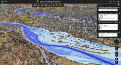 Auschnitt der Hochwassersimulation des 3D Stadtmodells von Arnsberg.