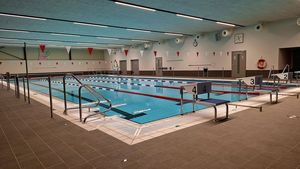 Ein Schwimmbecken ohne Schwimmer, über dem Becken sind Fahnen gespannt.